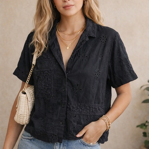 American Eagle Outfitters Tops - American Eagle Black Eyelet Crochet Patchwork Button Down Shirt Large